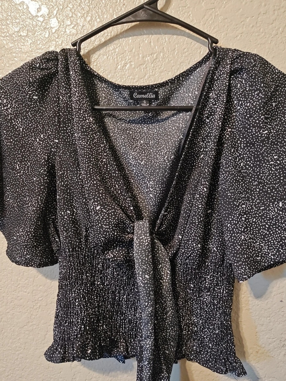 Camilla Black with White Speckle Tie-Front Smocked Top